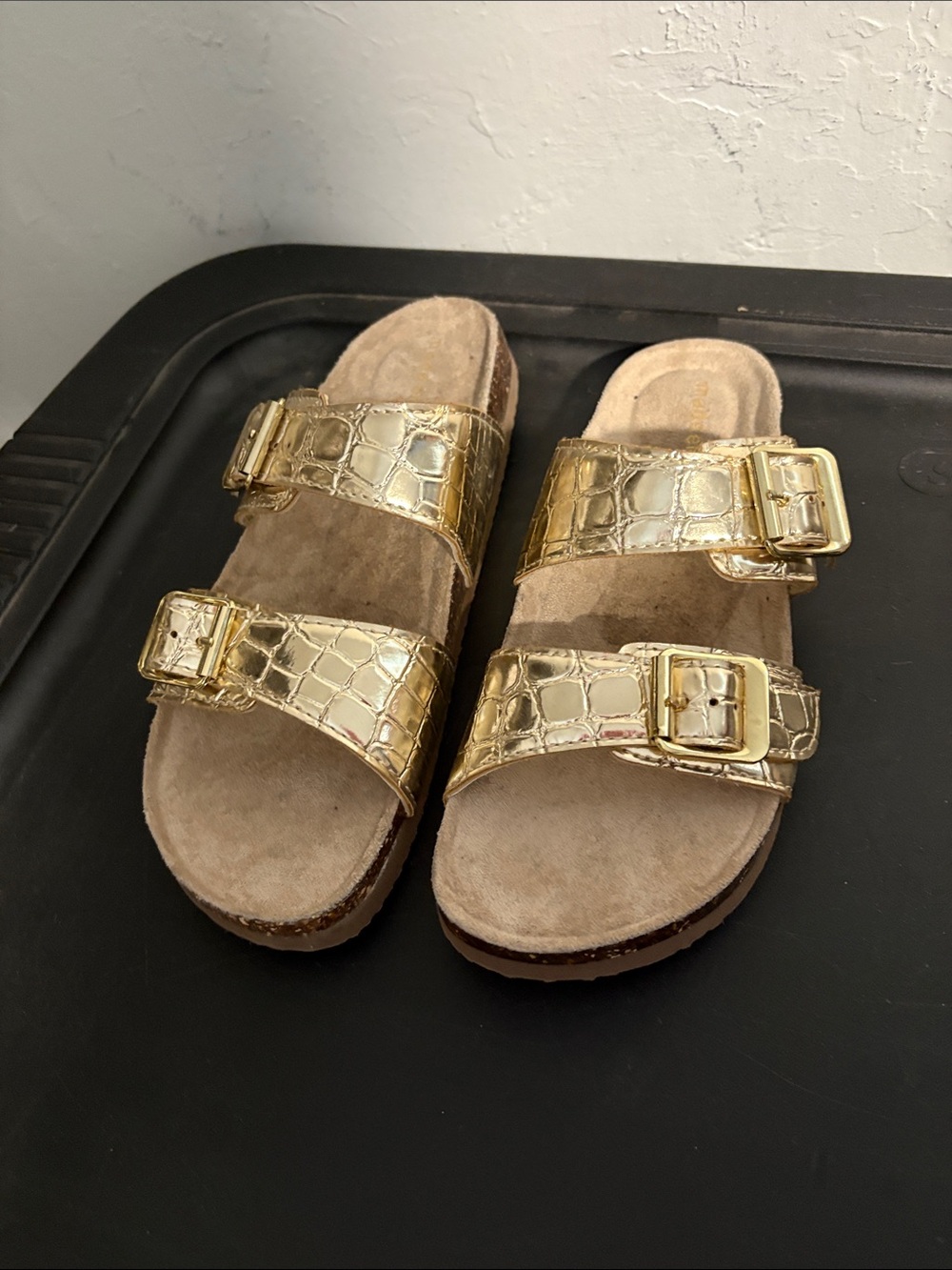 Madden Girl Brando Gold Croc Embossed Double Buckle Slide Sandals Size 8